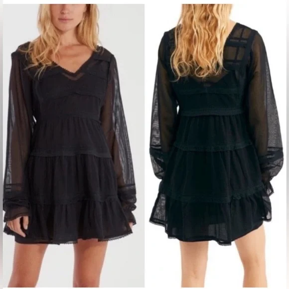 FREE PEOPLE Berlin Black Mesh Long-Sleeved Mini Dress Boho Lace Size S - Picture 2 of 8